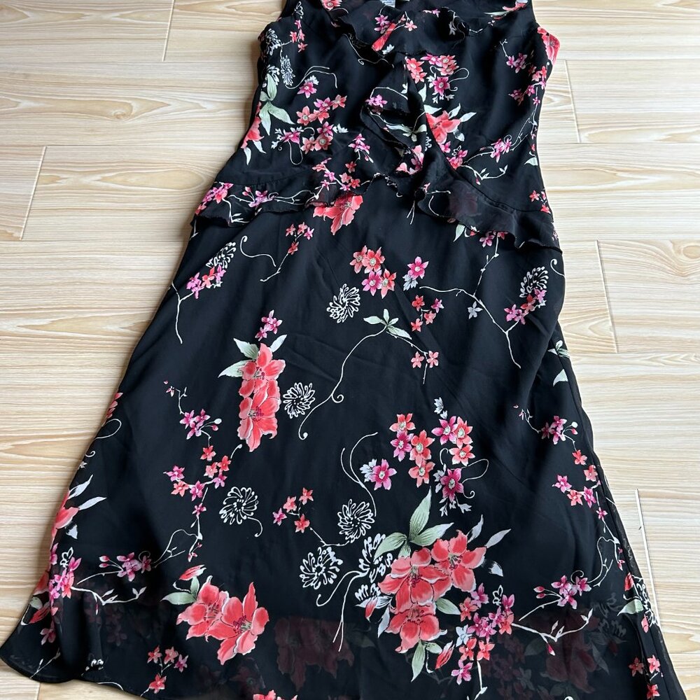 Vtg Sheri Martin New York A-Line Midi black and pink florals dress women's S 8